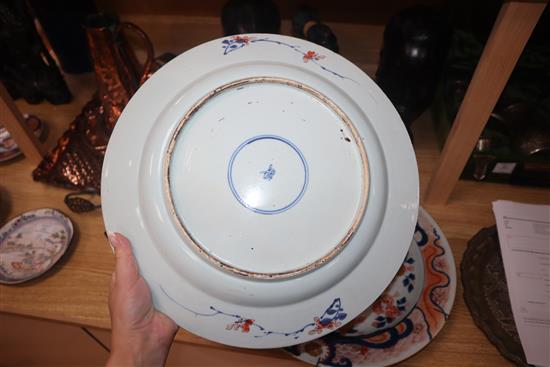 Two Chinese Imari chargers, Kangxi period, one restored